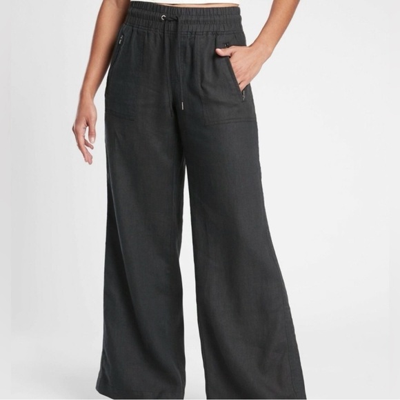 Athleta Pants 12P Cabo Wide-Leg High Rise Joggers Black Linen - Picture 4 of 12